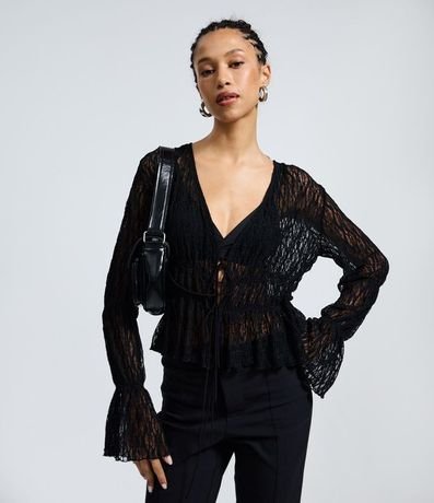 Blusa Encaje Texturizada con Lazos y Manga Larga