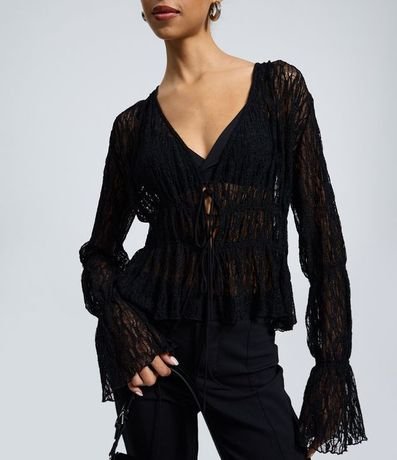 Blusa Encaje Texturizada con Lazos y Manga Larga 3