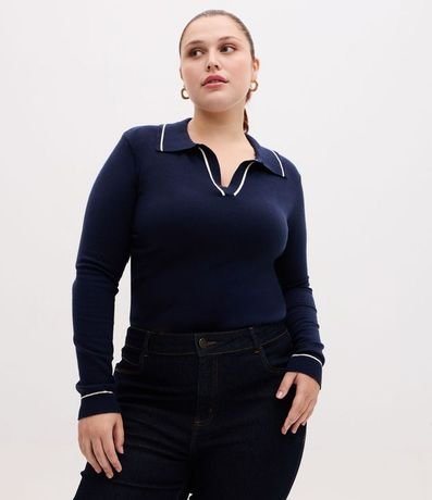 Suéter Slim en Punto con Cuello Polo y Detalle Contrastante