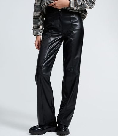 Pantalón Recto en PU con Fenda y Bolsillos 3