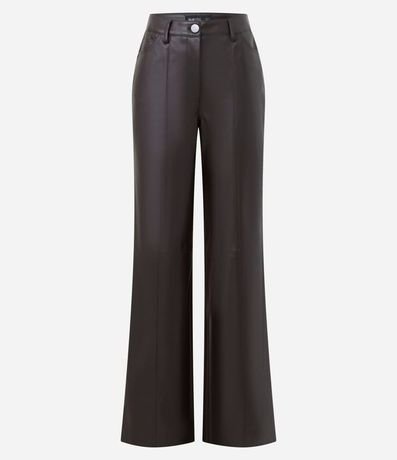 Pantalón Recto en PU con Fenda y Bolsillos