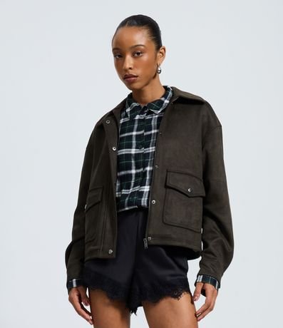 Campera Bomber en Gamuza con Bolsillos