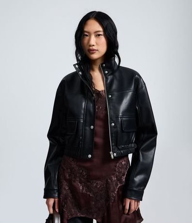 Campera Bomber en PU con Cuello Alto