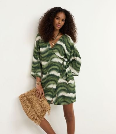 Salida de Playa Kimono Texturizado en Viscosa con Estampa Follaje