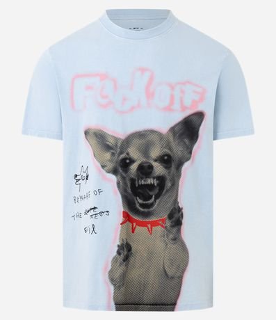 Remera Comfort  T-shirt en Algodón desteñido con Estampa de Perrito con Rabia