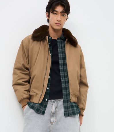 Campera Bomber en Sarga Lisa y con Cuello Desmontable