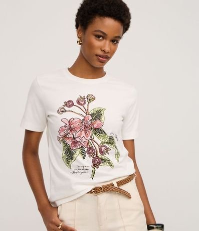 Remera Slim en Algodón con Estampa Floral en Flores Punteadas