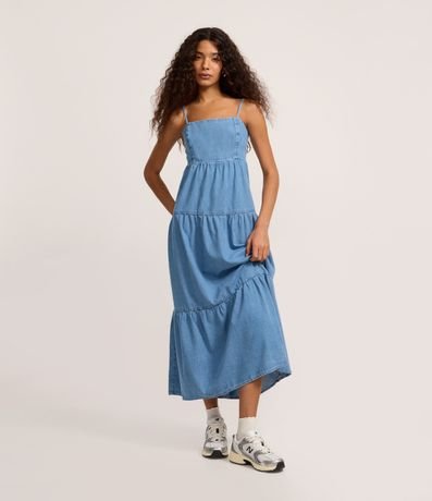 Vestido Midi en Jeans com Bretel Fino y Detalle Contrastantes 1
