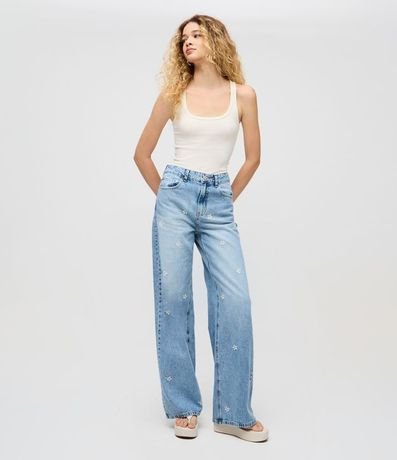 Pantalón de Jean Recto en Denim con Estampado Flor Hibiscos