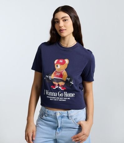 Remera Alargada en Algodón con Estampado de Oso Fitness