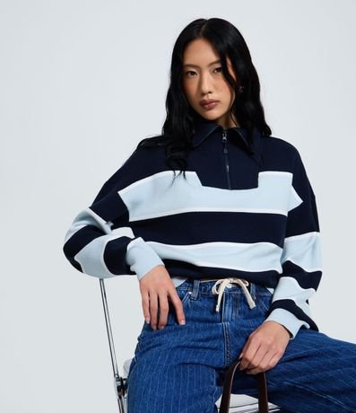 Buzo en Tricot a Rayas con Half Zip y Cuello Amplio