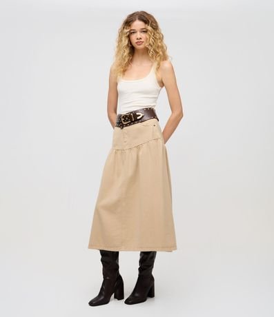 Pollera Midi en Sarga con Recorte y Fruncido