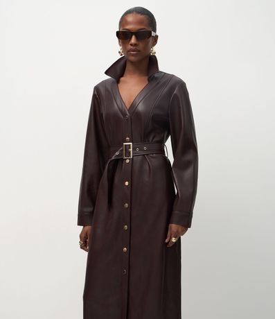 Vestido Chemise Midi en PU con Cinturón Ajustable