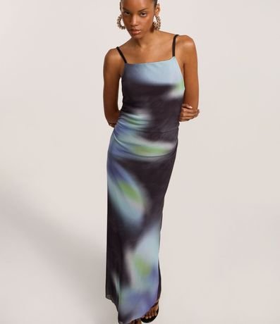 Vestido Midi en Tule con Estampa Manchada Flor y Fruncido 2