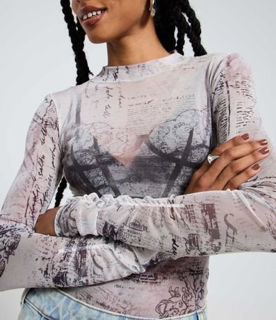 Blusa en Tule con Manga Larga y Estampado Vintage 3