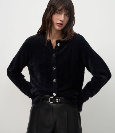 Cardigan Regular en Tricot con Textura Peluche