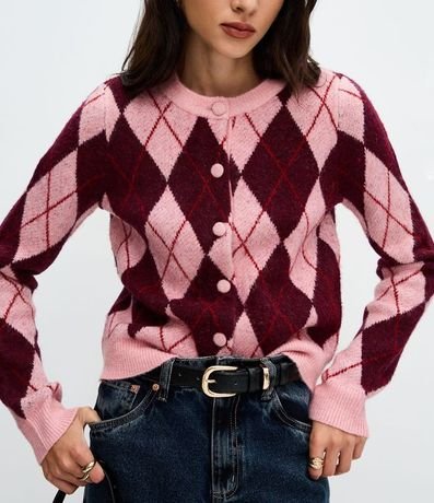 Cardigan Corto en Punto con Estampa de Cuadros 4