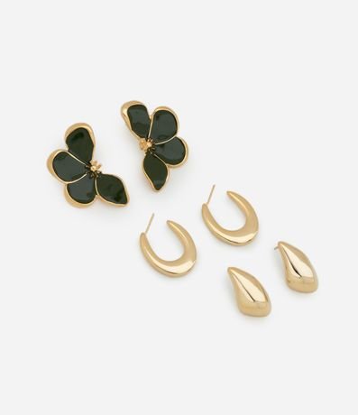 Kit 03 Caravanas en Metal con Flor Esmaltada y Aros Orgánicos