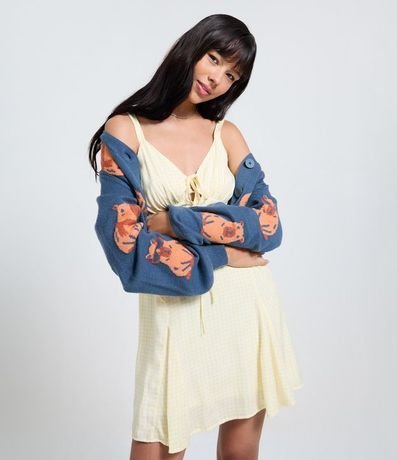 Vestido Corto Evasê en Viscosa con Estampado de Cuadros