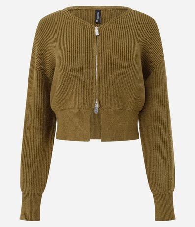 Cardigan en Punto con Cremallera Bilateral y Manga Abullonada