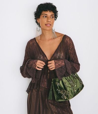 Blusa Encaje Texturizada con Lazos y Manga Larga