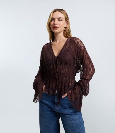 Blusa Encaje Texturizada con Lazos y Manga Larga 2