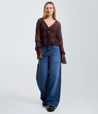 Blusa Encaje Texturizada con Lazos y Manga Larga 3