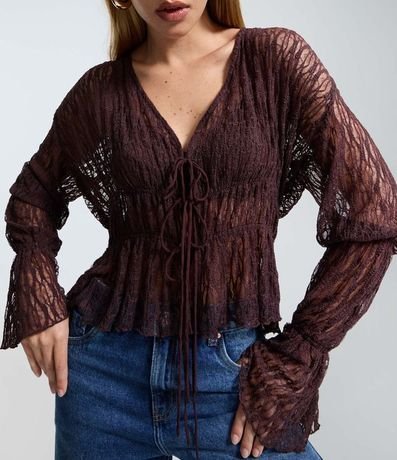 Blusa Encaje Texturizada con Lazos y Manga Larga 4
