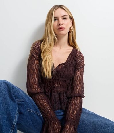 Blusa Encaje Texturizada con Lazos y Manga Larga 6