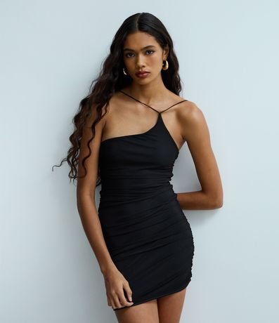 Vestido Corto Drapeado en Malla con Hombro Único 2