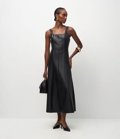 Vestido Midi en PU con Escote Cuadrado