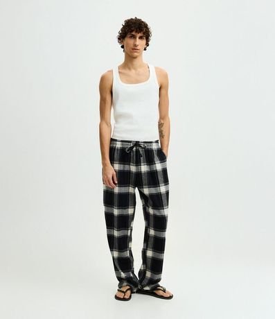 Pantalón de Pijama en Franela de Cuadros con Cordón en la Cintura