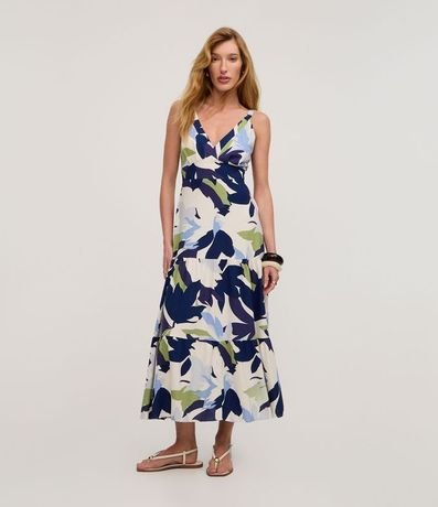 Vestido Midi en Viscolino con Escote V y Estampa de Follaje