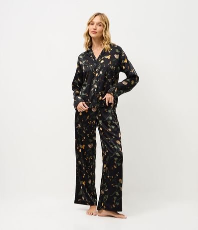 Pijama Larga Americana en Satén con Estampa Floral 2