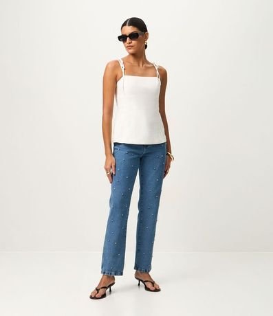 Pantalón recto en Jeans con Brilhos