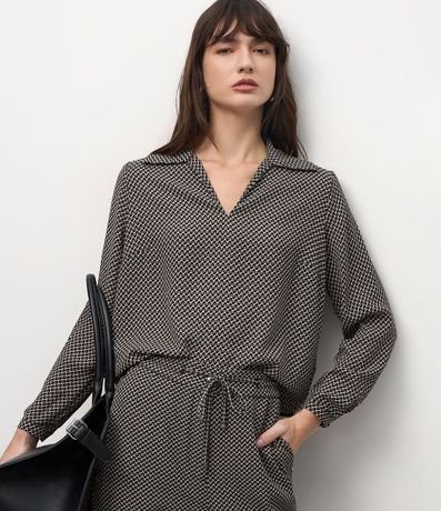 Blusa Femenina Manga Larga Mini Pied-de-Poule Chiffon