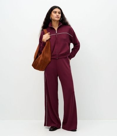 Pantalón Wide Leg en Algodón sin Felpa con Piping Contrastante