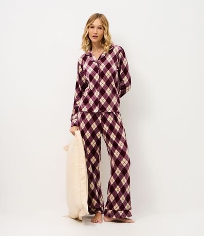 Pijama Larga Americana en Plush en de Cuadros Argyle