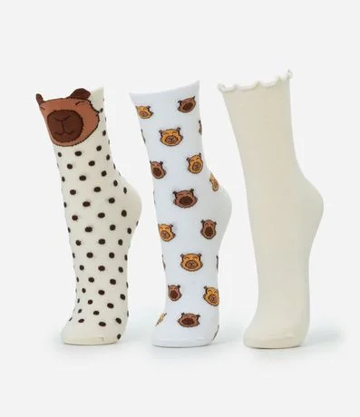 Kit 03 Medias Cano Mediano en Algodón con Estampa de Carpincho
