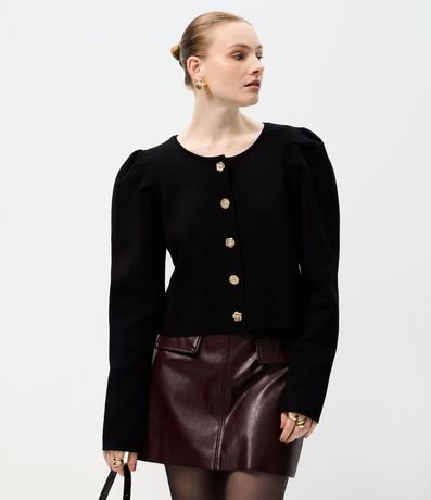 Cardigan Corto en Punto con Manga Abullonada