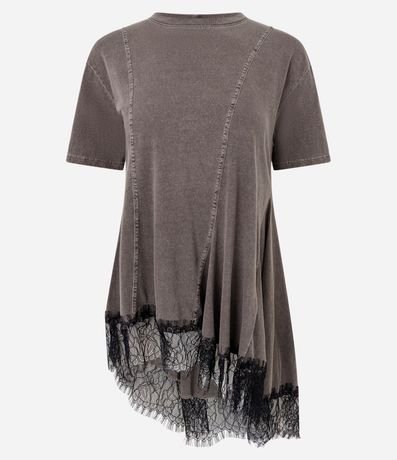 Remera Desteñida en Algodón con Recortes y Bajo de Encaje 4