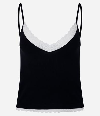 Blusa en Rib con Breteles Finos y Encaje en el Escote