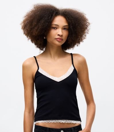 Blusa en Rib con Breteles Finos y Encaje en el Escote