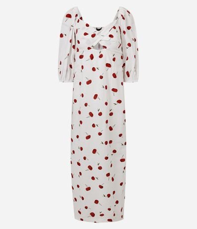 Vestido Largo con Marga Corta y Estampado de Cerezas 5