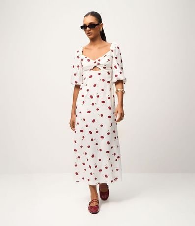 Vestido Largo con Marga Corta y Estampado de Cerezas
