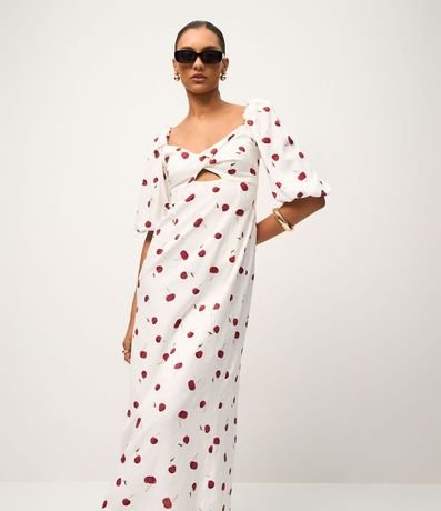Vestido Largo con Marga Corta y Estampado de Cerezas 2
