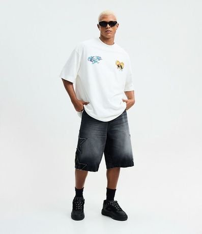 Bermuda Baggy Relaxed en Jeans con Apliques de Estrellas Desfiadas