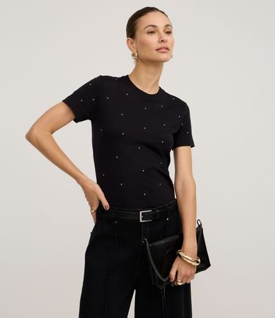 Blusa en Algodón con Cuello Redondo y Brillo