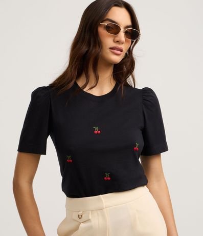 Blusa Slim en Algodón con Bordado Cereza y Manga Abullonada