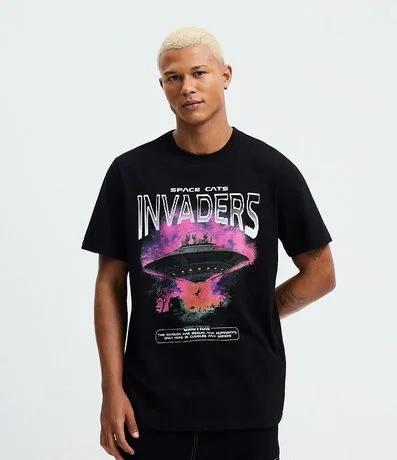 Remera Regular en Algodón con Estampado Space Cats Invaders 1